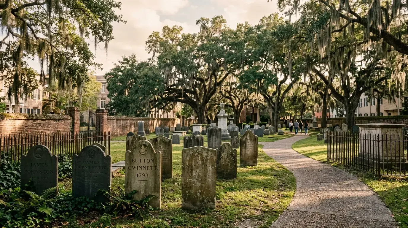 Weathered 18th- and 19th-century headstones beneath oak trees and Spanish moss in Savannah's Colonial Park Cemetery.