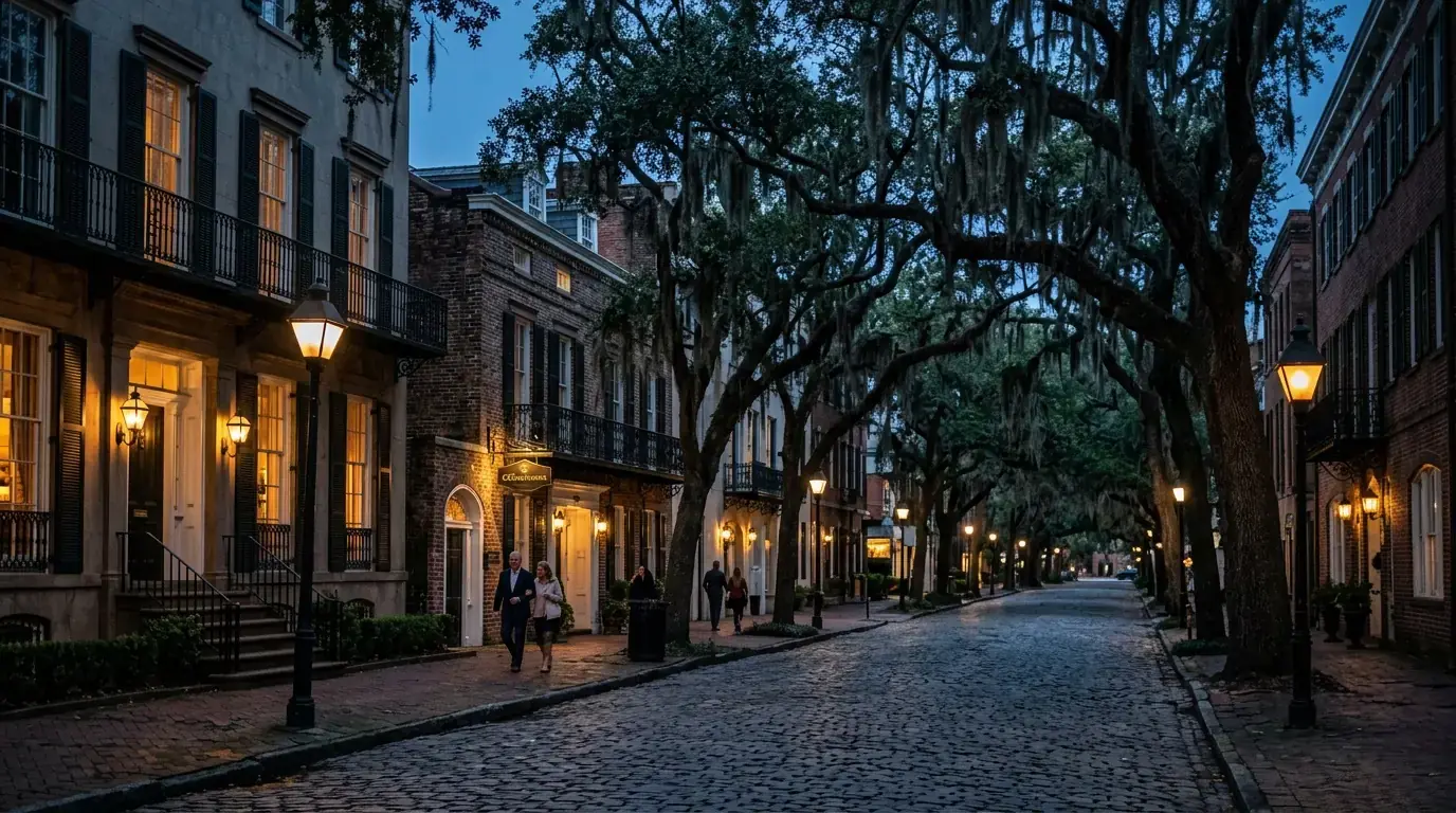 Savannah Historic District street at night beneath Spanish moss and glowing lanterns.