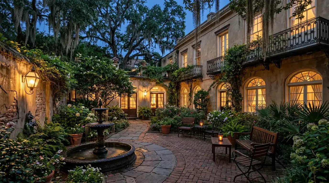 Lantern-lit courtyard at a romantic historic Savannah inn.