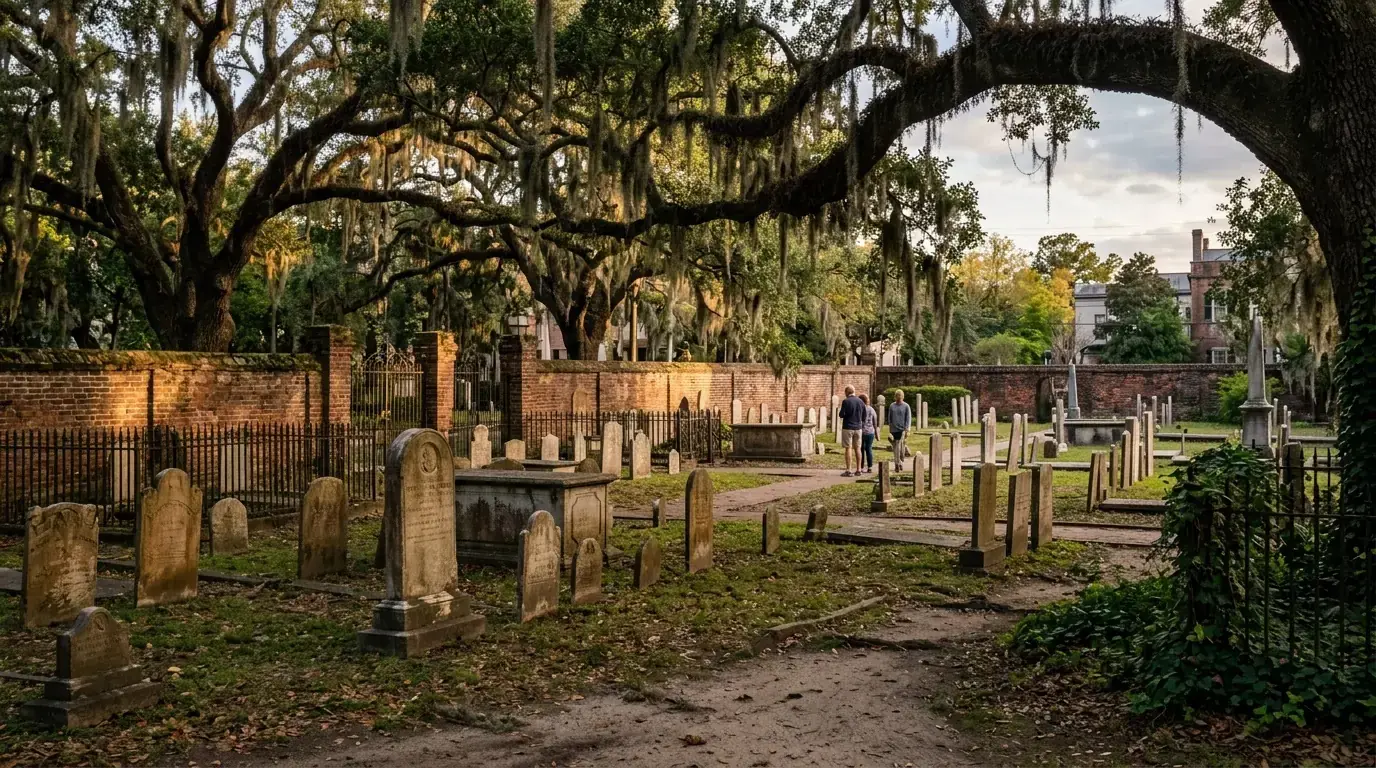 Historic gravestones beneath live oaks in Savannah's Colonial Park Cemetery.
