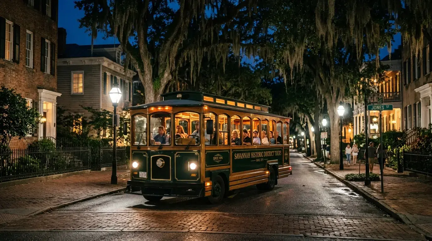 Evening sightseeing trolley traveling through Savannah's Historic District.