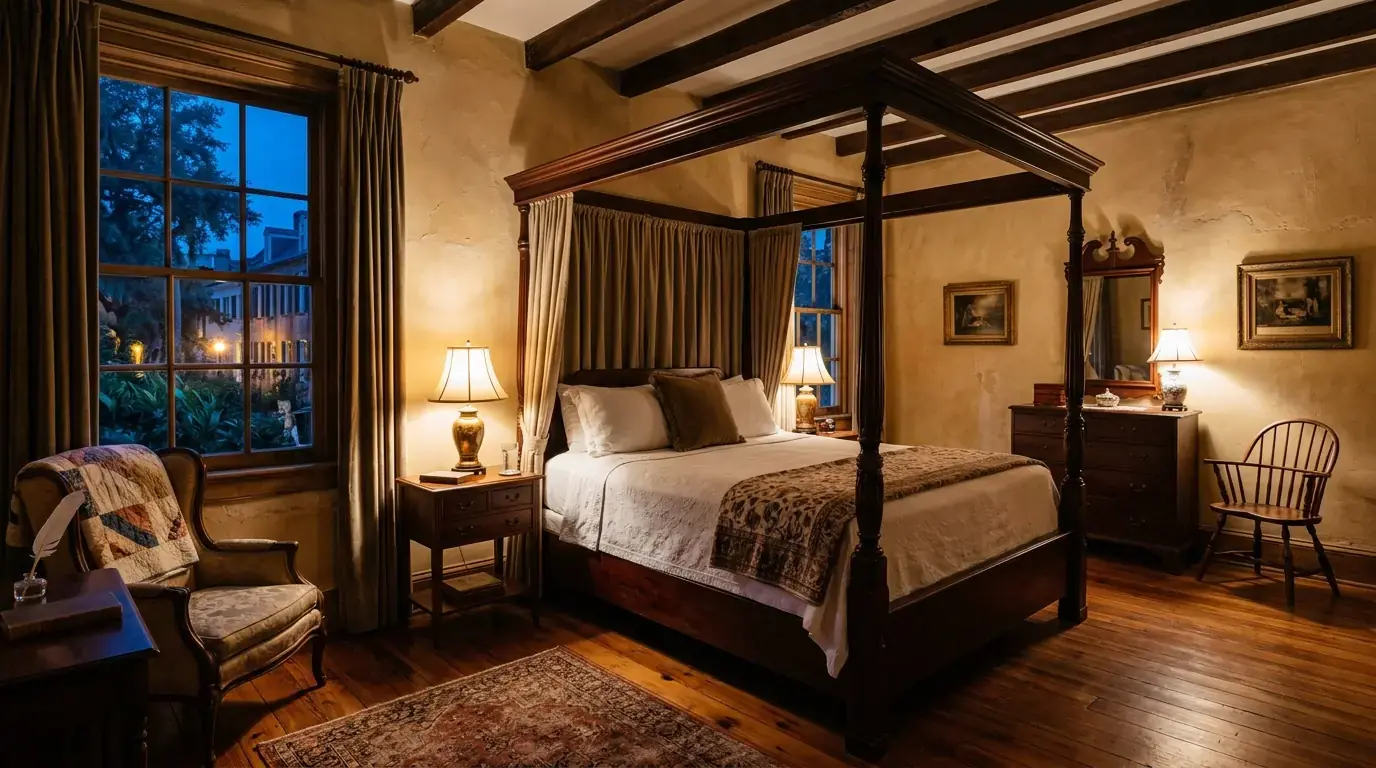 Atmospheric four-poster guest room inside a historic Savannah inn.