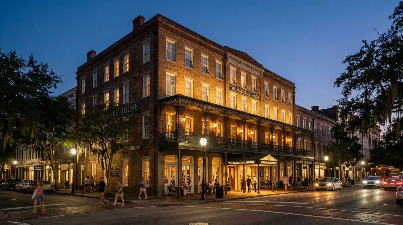 The Marshall House exterior on Broughton Street at dusk.
