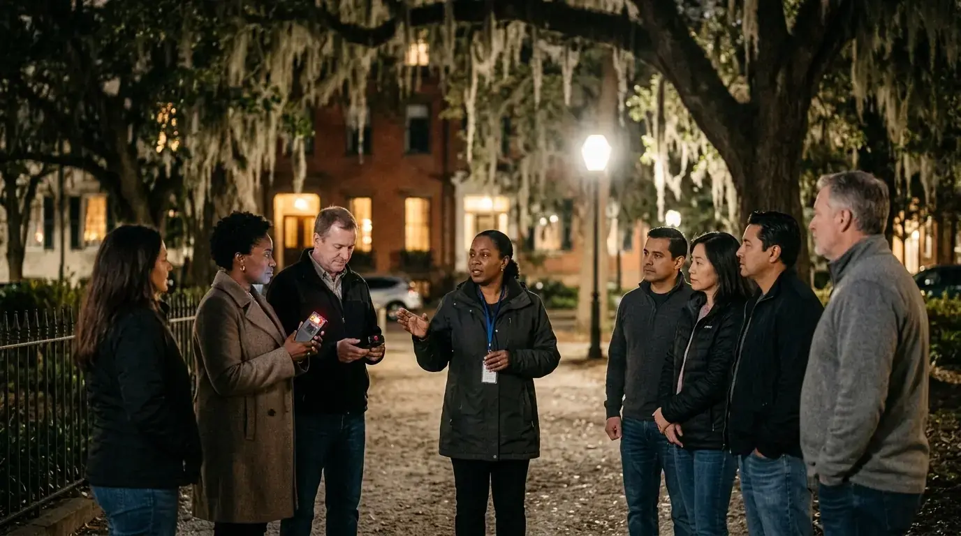 Small paranormal tour using handheld meters in a Savannah historic square.