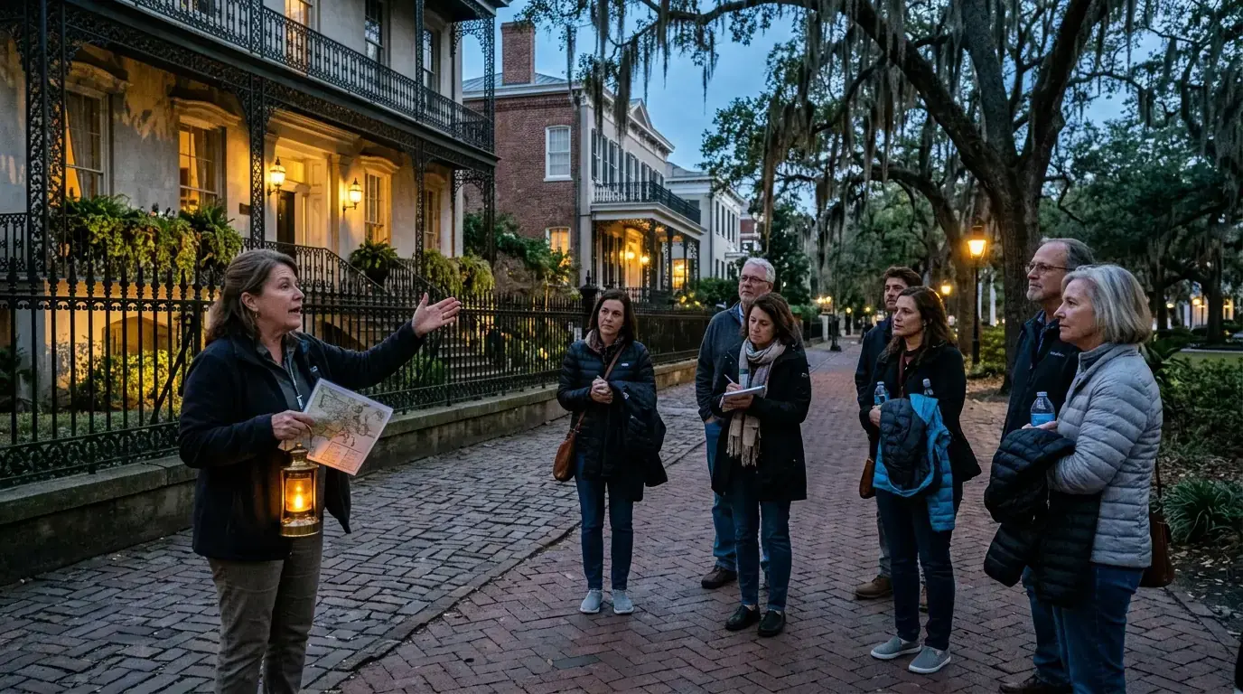 Guide leading a small evening walking tour through historic Savannah.